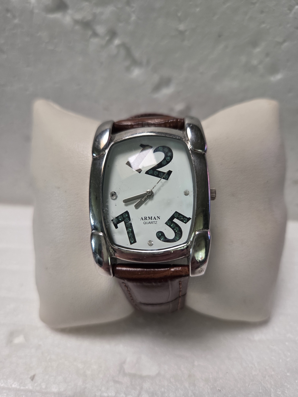 Arman Quartz Silver-Tone Watch with Brown Leather Strap